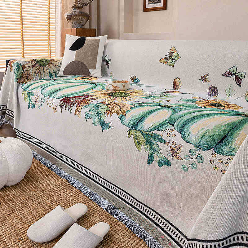 Sofabezug mit klassischem Blumenmuster und Quasten, rutschfest, multifunktional, haustierfreundlich, für Sessel bis 4-Sitzer-Sofas.