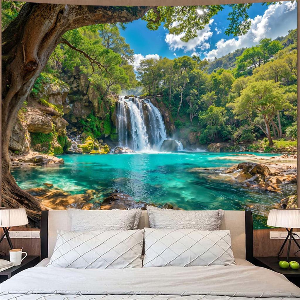 Tropical Forest Waterfall Tapestry Healing Nature Landscape Wall Hanging for Bedroom Living Room Homestay Decor