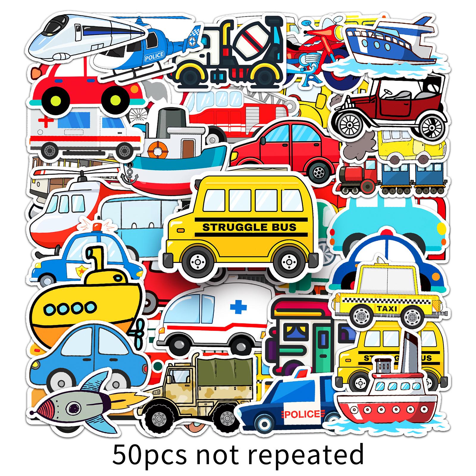 

50 Водонепроницаемых Наклеек с Мультяшными Транспортными Средствами: Декоративные наклейки для блокнотов, дневников и чемоданов