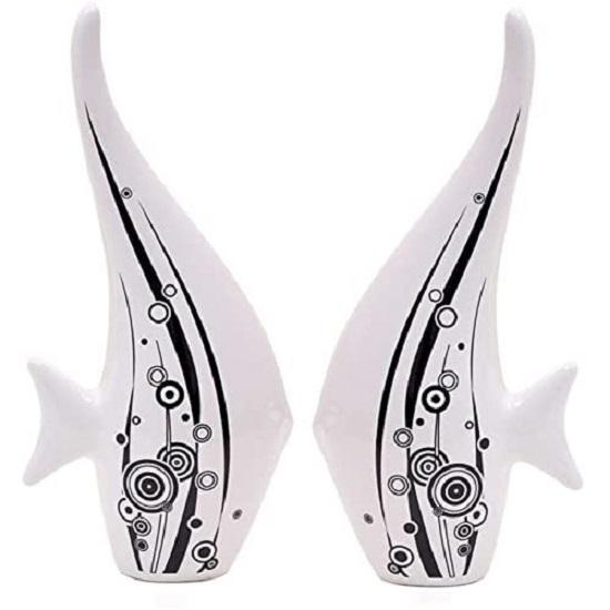 Figurină de Artă Modernă Minimalistă Albă cu Bule de Pește | Decor Frumos pentru Casă- (Set de 2 buc, Alb)