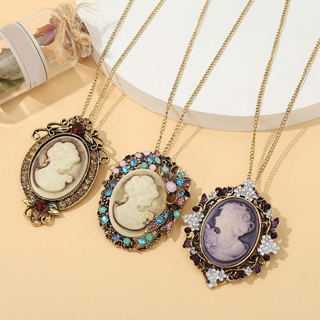 Oval Cameo Pendant Necklace with Crystal Rhinestones Handmade Vintage Jewelry Accessory Stylish Outfit Enhancer
