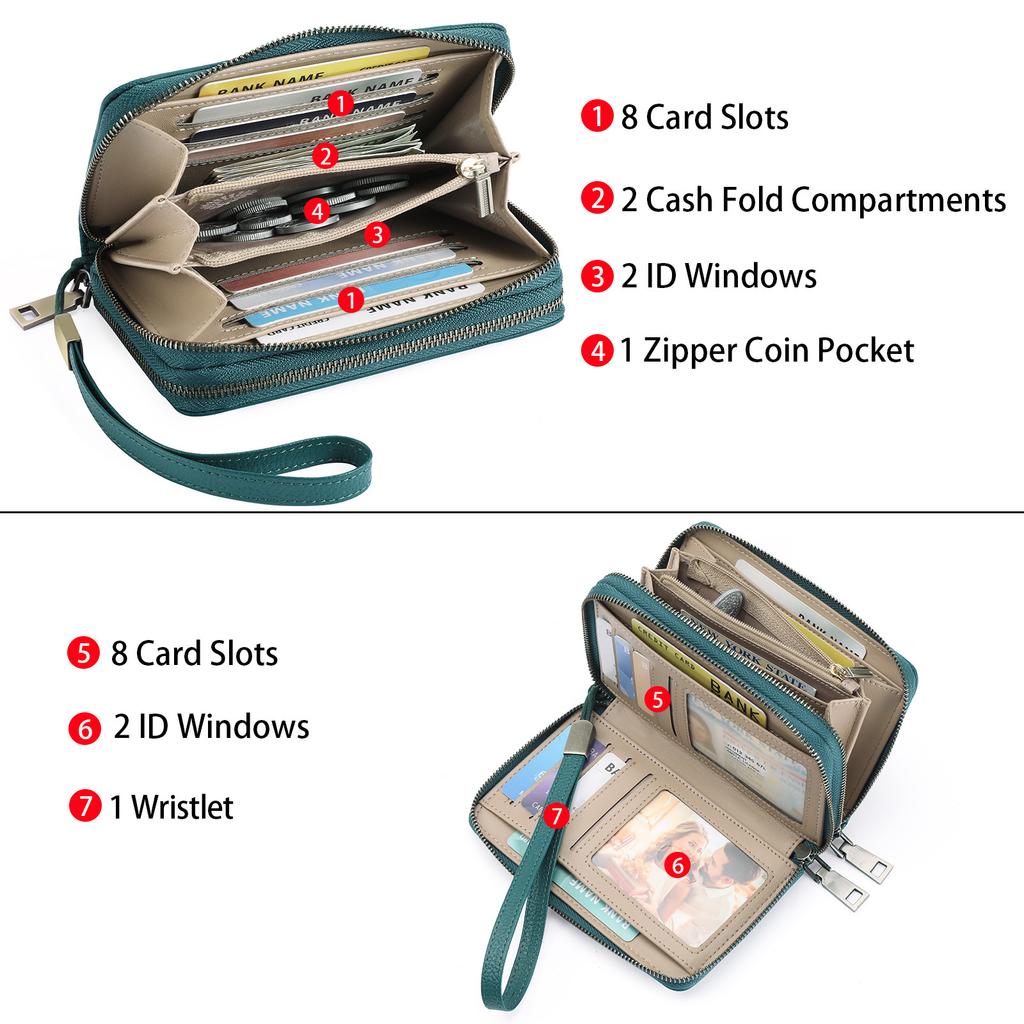 New Women First Layer Cowhide Wallet Short Double Zipper Clutch Purse Multifunctional Genuine Leather Card Coin Cash Storage Handbag