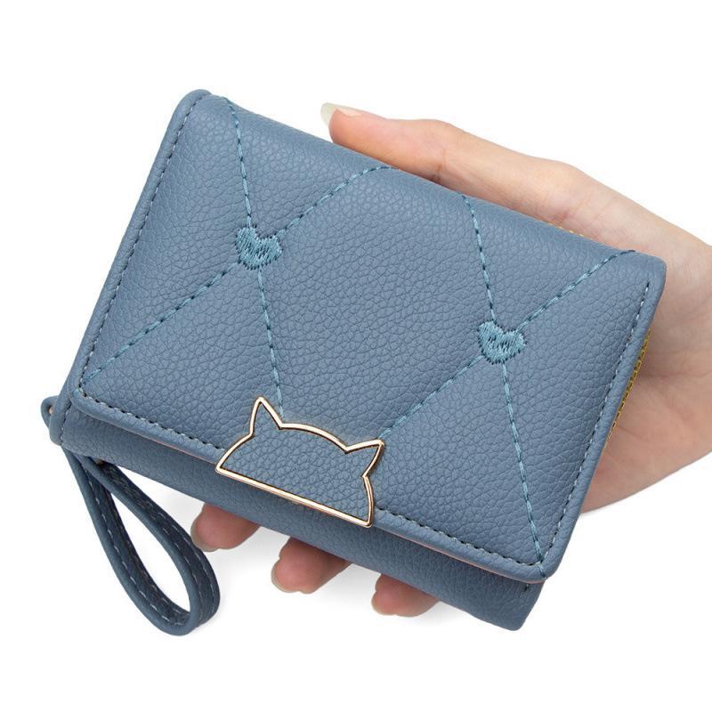 Pu Leather Short Wallet With Cat Buckle Heart Embroidery For Teen Girls Daily Use Casual Shopping