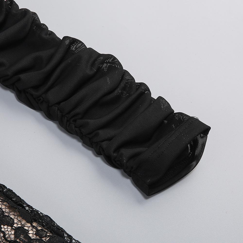 European Black Lace Long Sleeve Formal Dress with French Puff Sleeves, Square Neck, Cut-out Detail, and Slim Fit Mermaid Skirt