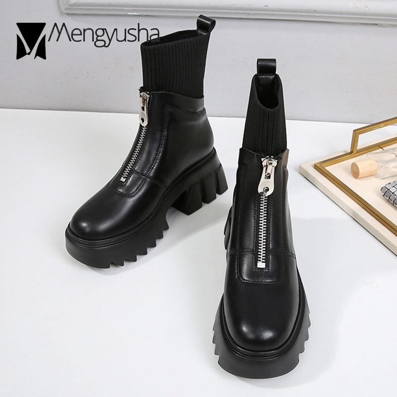 Bottes d'équitation à fermeture éclair avant femme bottines en maille bottes à plateforme d'hiver en peluche à gros talons hauts botas grande taille 34-43