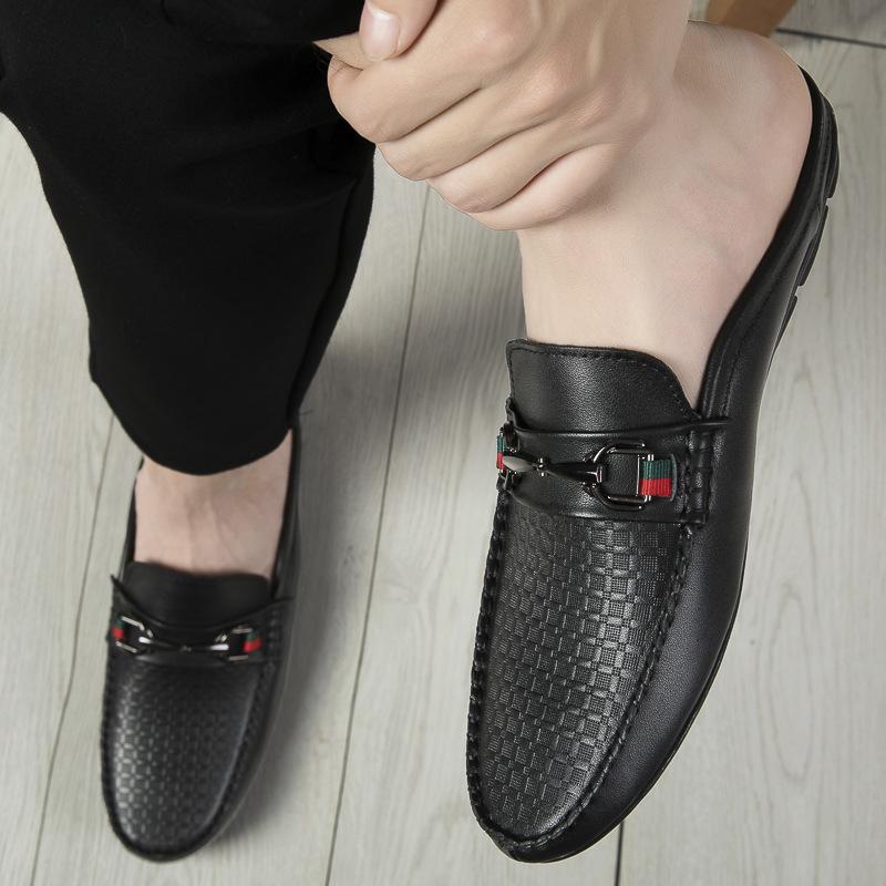 Man New Fashion First Layer Cowhide Casual Half Shoes Male Backless Loafer Half Footwear Hombre Open Back Leather Comfy Mocassin