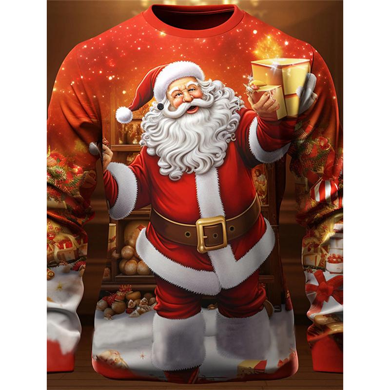 Santa Claus Pattern T-Shirt For Men Christmas Balloon 3D Printed T Shirts Autumn Casual Long Sleeves Loose Round Neck Tops Tees