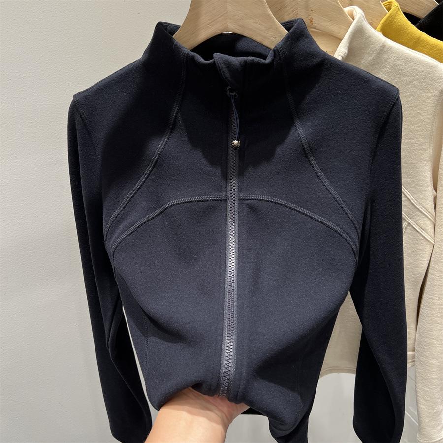 Solid Color Warm Fleece Stand Collar Jacket with Double Zipper and Slim Waist