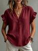 2026 European Bohemian V-Neck Short Sleeve Cotton Linen Women's Top