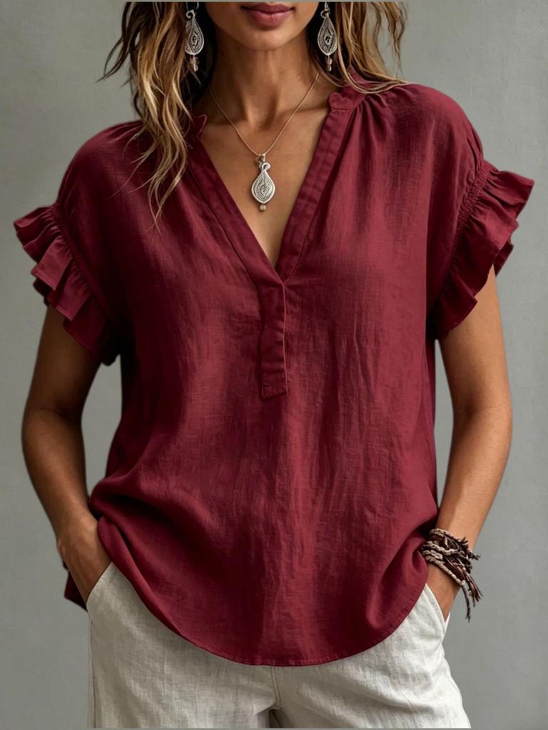 2026 European Bohemian V-Neck Short Sleeve Cotton Linen Women's Top
