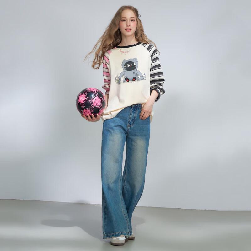 American Style College Print Cat Loose Long-Sleeve T-Shirt