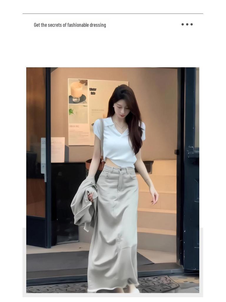 Korean Style Polo Collar T-Shirt & High-Waist Long Skirt Summer Outfit Set