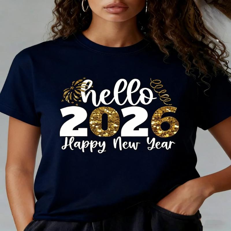 2026 Hello Womens TShirt Womens Happy New Year Pattern Print TShirt Top Summer Loose Casual Round Neck Short Sleeve TShirt