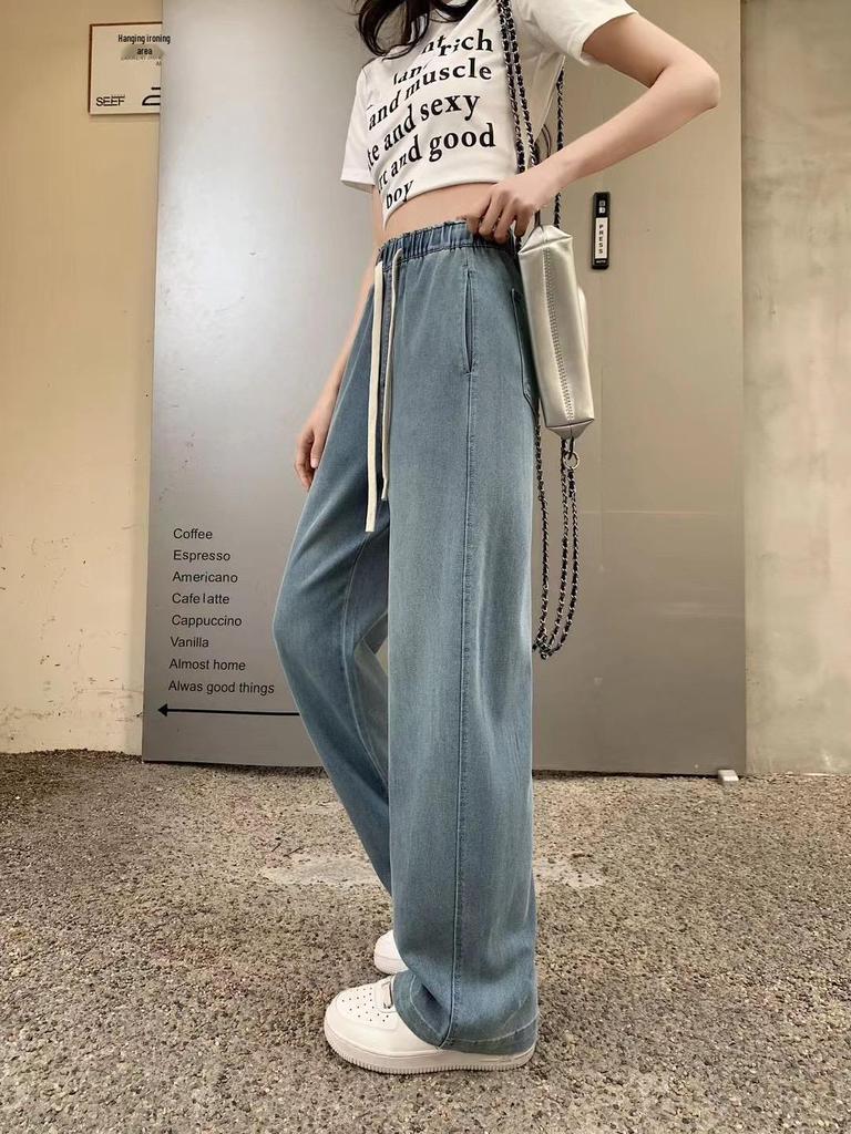 Women's High Waist Lyocell Tencel Wide-Leg Floor-Length Denim Pants - Summer Style