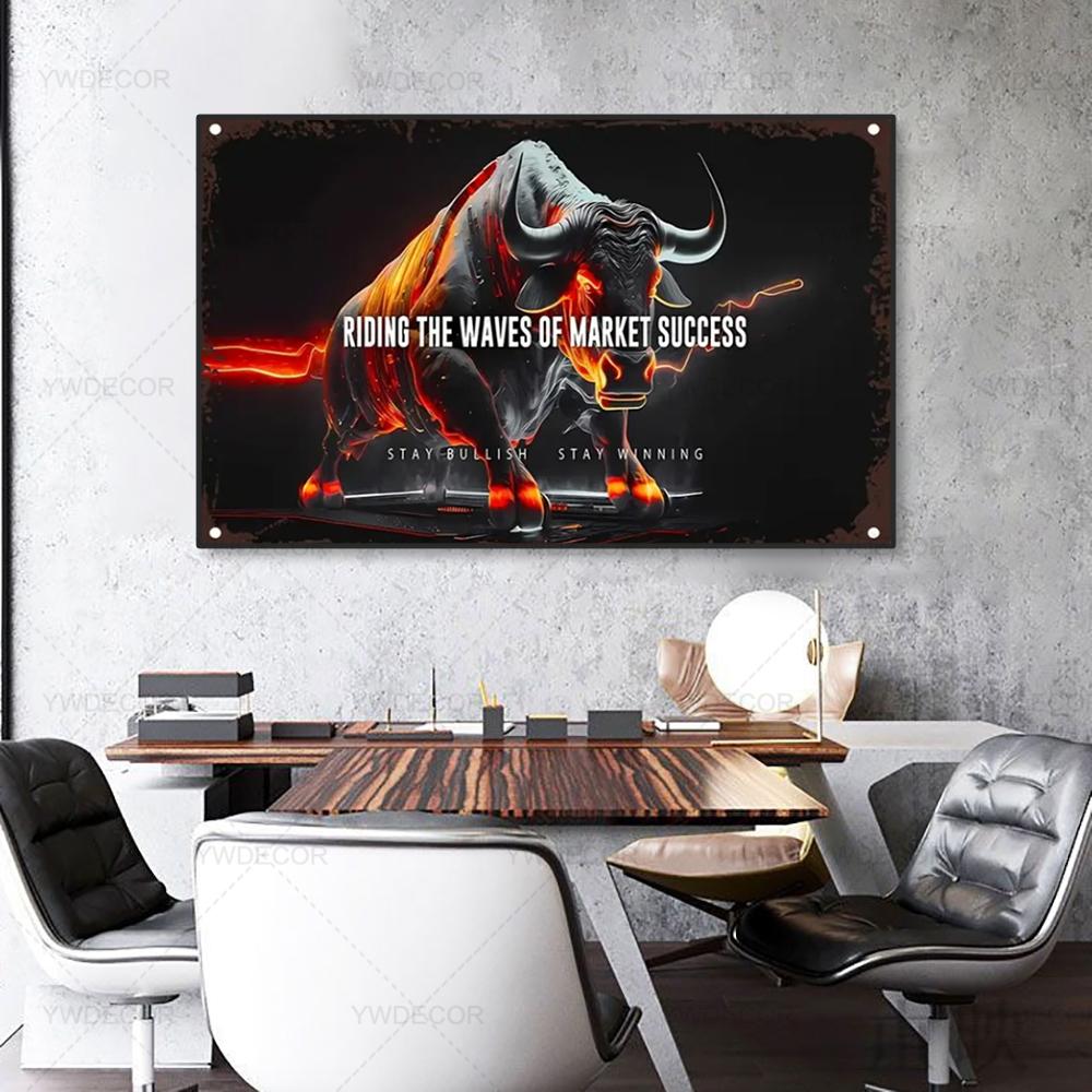 Golden Bitcoin Bull Bear Wall Street Bull Investment Wall Art Wealth Investing Poster for Room Office Decor Gift
