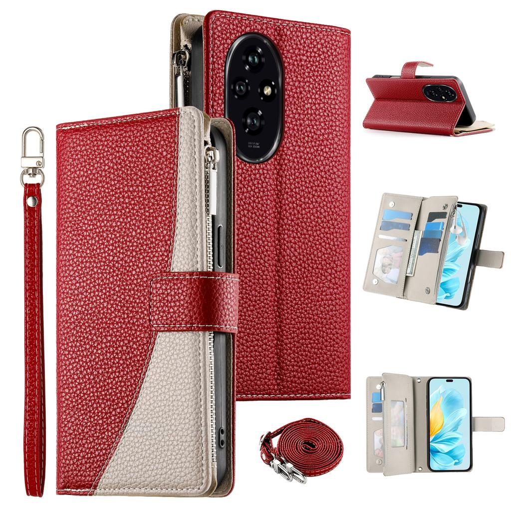 For Honor 200 5G Case Zipper Wallet Color Splicing Leather Flip Phone Cover with Straps