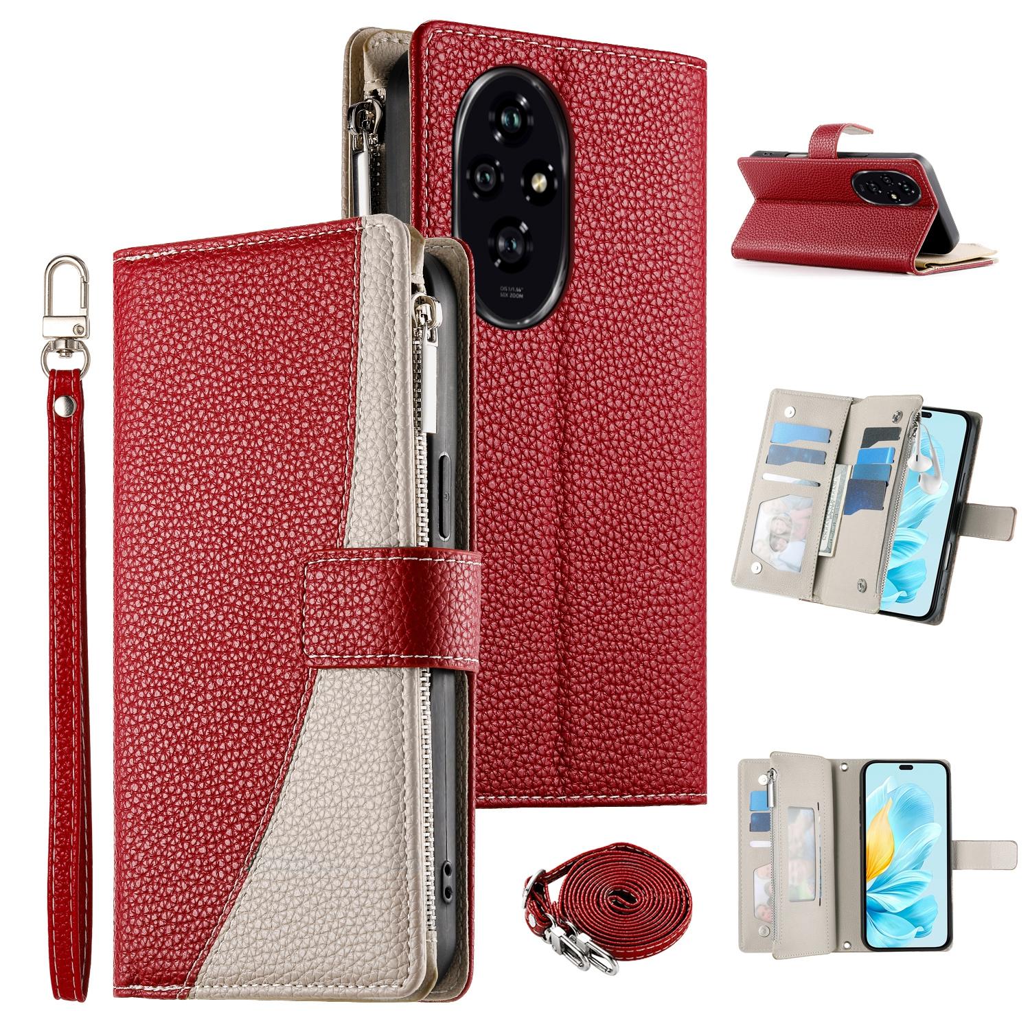 

For Honor 200 5G Case Zipper Wallet Color Splicing Leather Flip Phone Cover with Straps Red