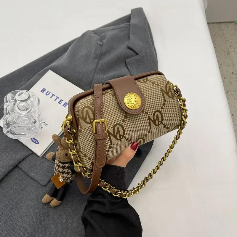Vintage girl crossbody bag versatile chain bag feminine fashion shoulder bag pendant decoration fabric canvas