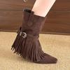 Fashion Vintage Tassels Decor Riding Boots Women 2025 Slip On Buckle Low Heels Mid Calf Boots Woman Pointed Toe Western Stray Botas