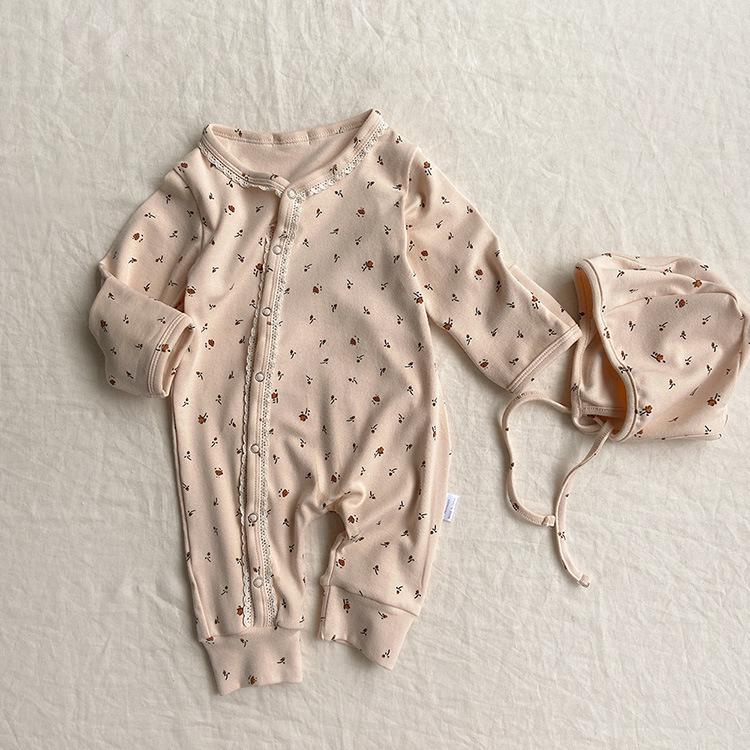 Autumn Floral Lace Long Sleeve Baby Romper with Hat