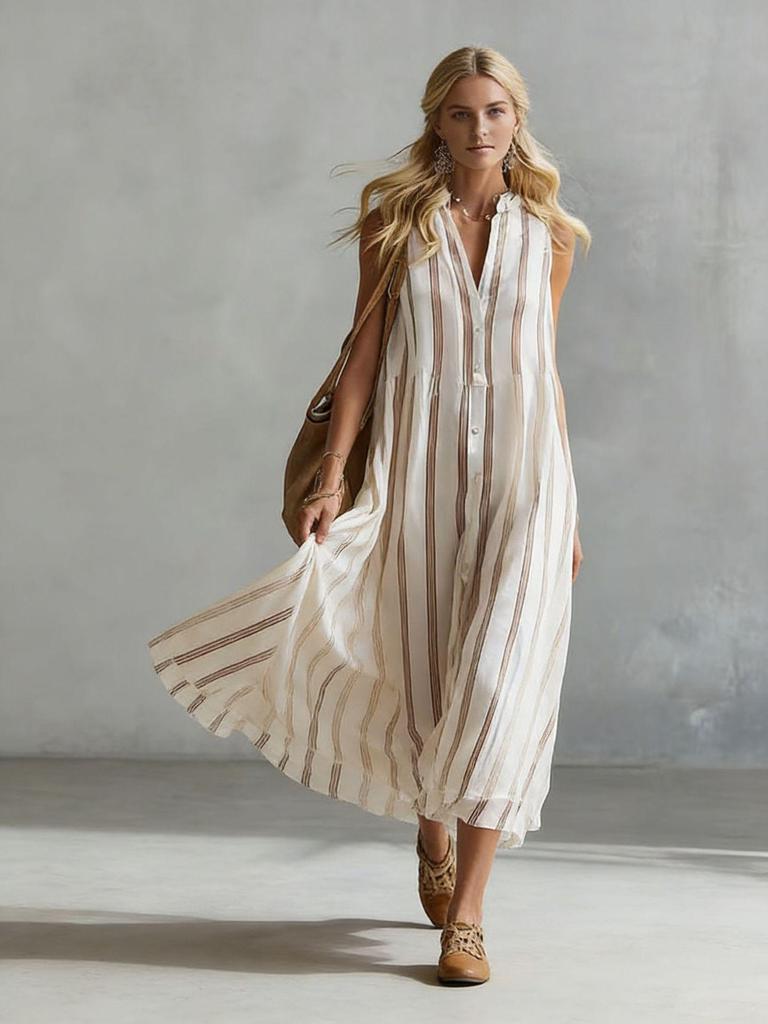 Bohemian Striped Sleeveless V-Neck Button Long Dress Adjustable 
