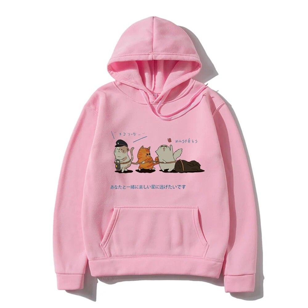 Men Hip Hop Unisex's Hoodies Streetwear Japanese Kanji Harajuku Funny Cat Unisex Hoodies Sweatshirts Autumn Winter Oversized Clothing