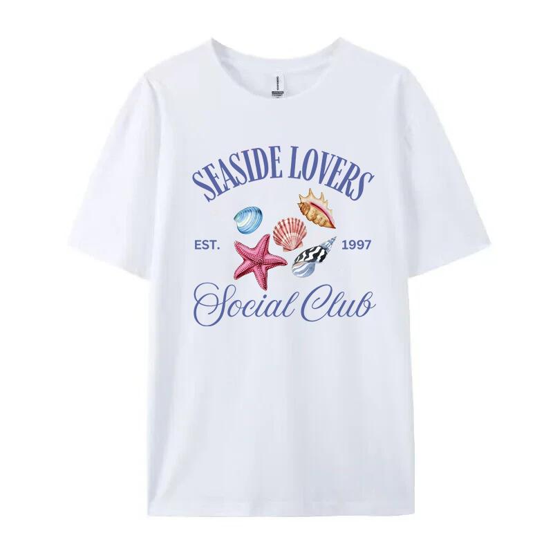 Retro Vintage Fun Starfish Shell Print Tshirt INS Style Loose Fit Short Sleeved Graphic Top Cotton Unisex Tshirt Female Clothing