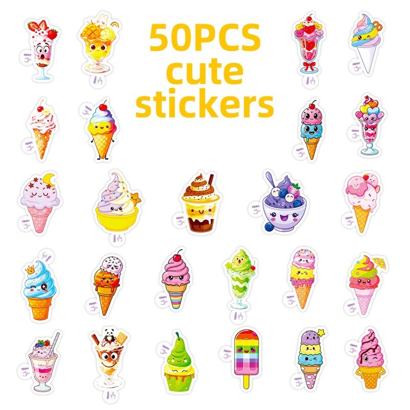 50PCS Cartoon Ice Cream PVC Sticker Aesthetic Colored DIY Sticky Decoration Scrapbooking Hand Accounting Supplies for Kids