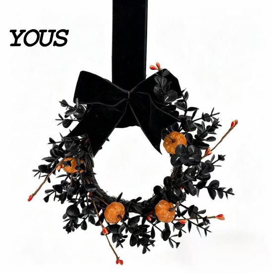 Spooky Wreath for Halloween Front Door, 9 Inch Pumpkin with Black Door Decoration Velvet Bow Home Porch Holiday Party Window Wall Decor
