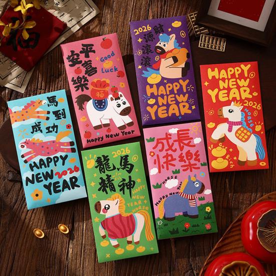 6 ks červených obálek pro čínský Nový rok 2026 Rok koně Balíčky s penězi pro štěstí Červené Hong Bao pro Jarní festival Lunární Nový rok