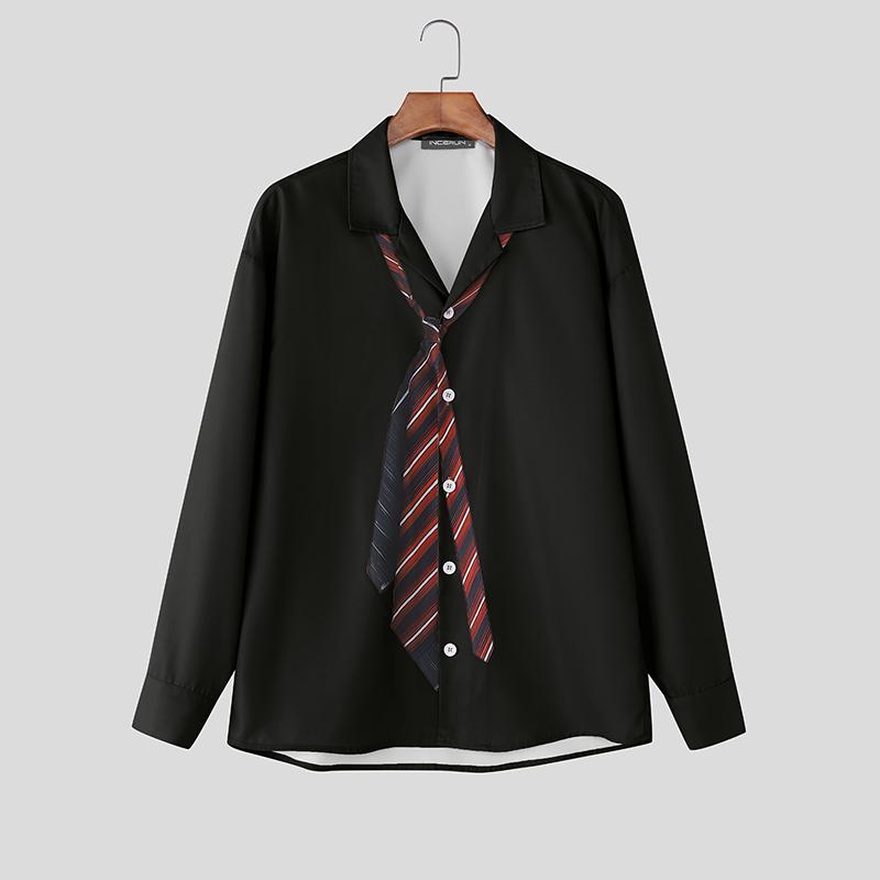 INCERUN Oversized Men Lapel Neck Long Sleeve Striped Print Buttons Up Casual Shirts