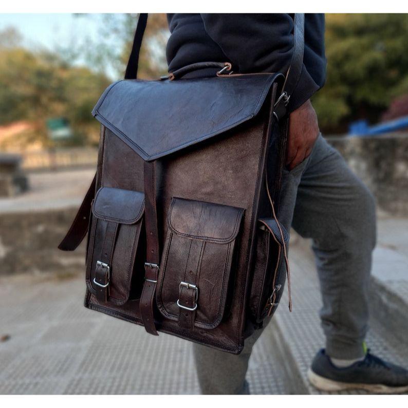Handmade Black Leather Laptop Backpack: Men's Travel Rucksack