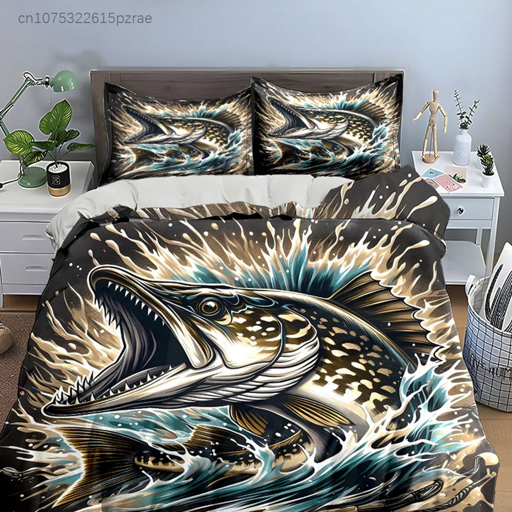 Pike Fishing Art Set Wall Decor Multiple Sizes kid's And adults' Bedroom Exquisite 3PC Bedding set, Gift