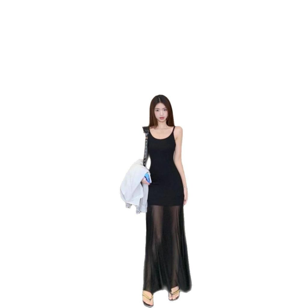 [] Human Cotton Splicing Mesh Splicing Suspender Dress Slim-fitting Long Skirt Waist-wrapped Hip A-word Skirt