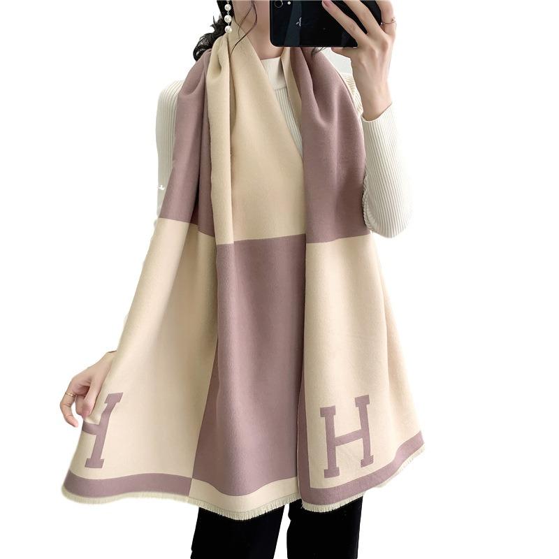 Cashmere Scarf Women's Winter Splicing Color Matching Air Conditioner Towel, Imitation Cashmere Thickened Shawl Warm Autumn and Winter Scarf