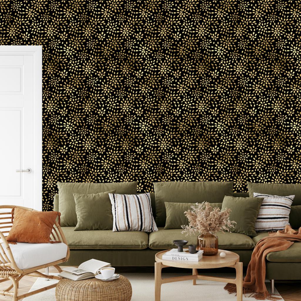 Black and Gold Tropical Pattern Wallpaper Ochre for Living Room and Bedroom 50x1000