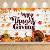 1 piece Thanksgiving Happy Polyester Banner White Wood Wall with Turkey Maple Leaf Pumpkin Pattern