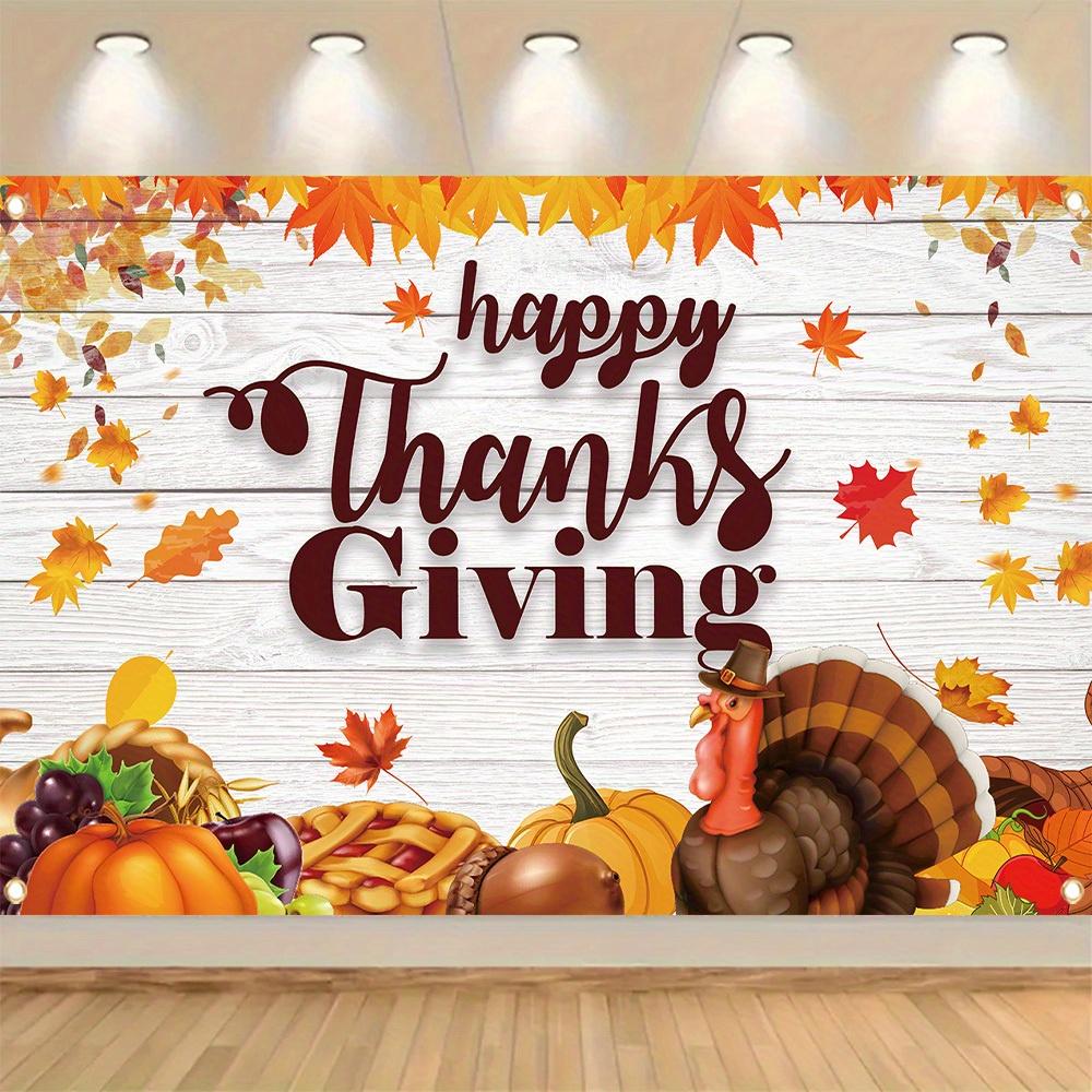 1 piece Thanksgiving Happy Polyester Banner White Wood Wall with Turkey Maple Leaf Pumpkin Pattern
