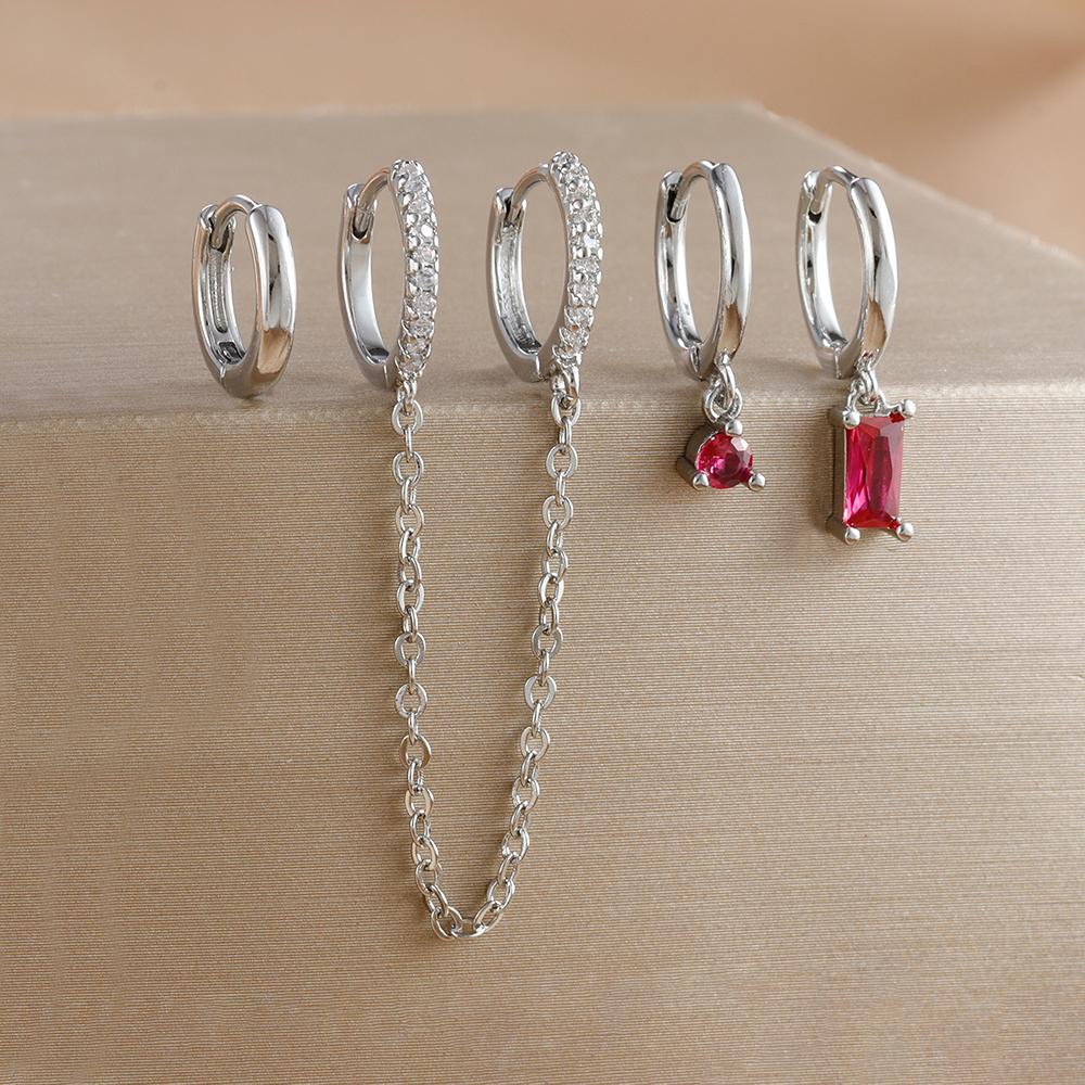 4pcs Fashion Colorful Zirconia Chain Square Earrings Set for Women Two Hole Round Circle Gold Color Hoop Earring Wedding Jewelry