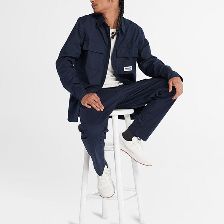 Timberland Solid Color Polo Collar Single-Breasted Long Sleeve Shirt Men Shirts Blue A6RC9-433