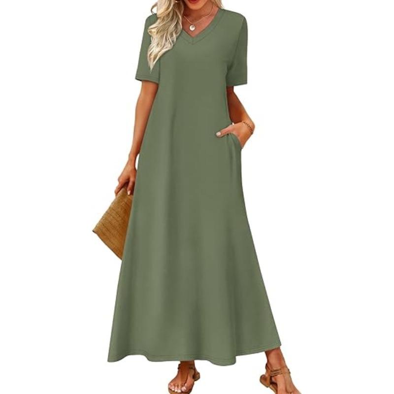 JKASHDK Women's Fashion Summer Spring Solid Color Print Short Sleeve V-Neck Loose Waistline Casual Dresses