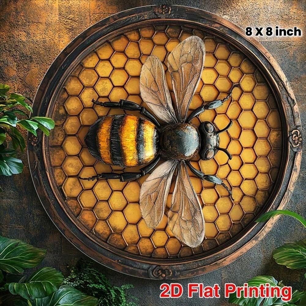 

Vintage Bee Metal Wall Art Sign 8x8 Inch Rustic Aluminum Round Bee Decor Farmhouse Kitchen Hanging Plaque 20x20 різнокольоровий
