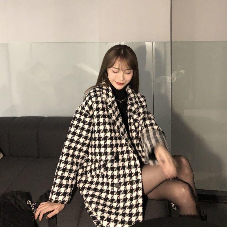 Women's Mid-length Wool Plaid Coat: Loose, Padded, Warm for Spring/Autumn