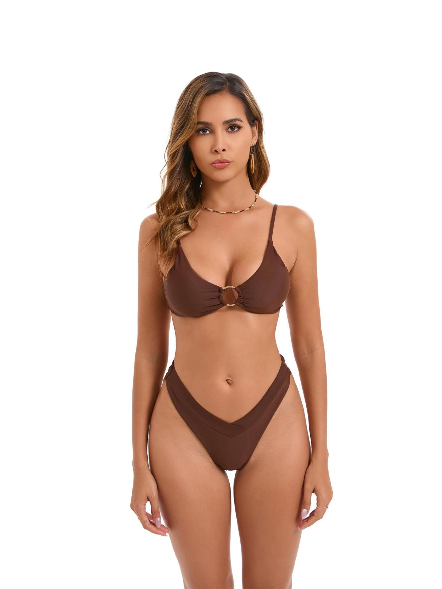 

2025 Европейский и Американский Сексуальный Однотонный Нейлоновый Двусторонний Бикини Extra Large кофейный