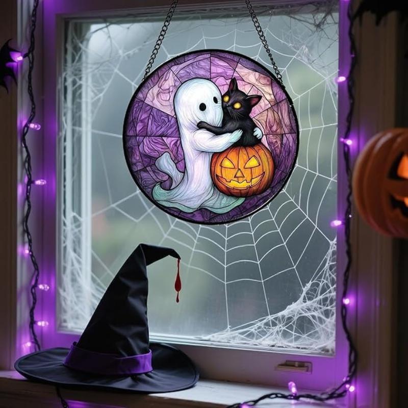 Halloween Stained Glass Pumpkin Suncatcher Adorable Ghost Design Hanging Window Decor for Indoor Outdoor Holiday Party