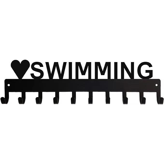 Love Swimming Medal Hanger Rack - 14.5 Inches with 10 Hooks Metal Wall Art Display Organizer Wall-mounted Decor for Medals