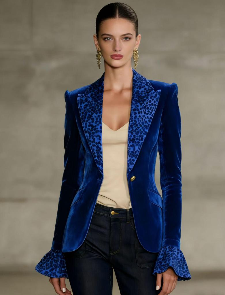 Multi-color Leopard Print Velvet Suit with Bell Sleeves and Faux Pockets - Women's Fashion