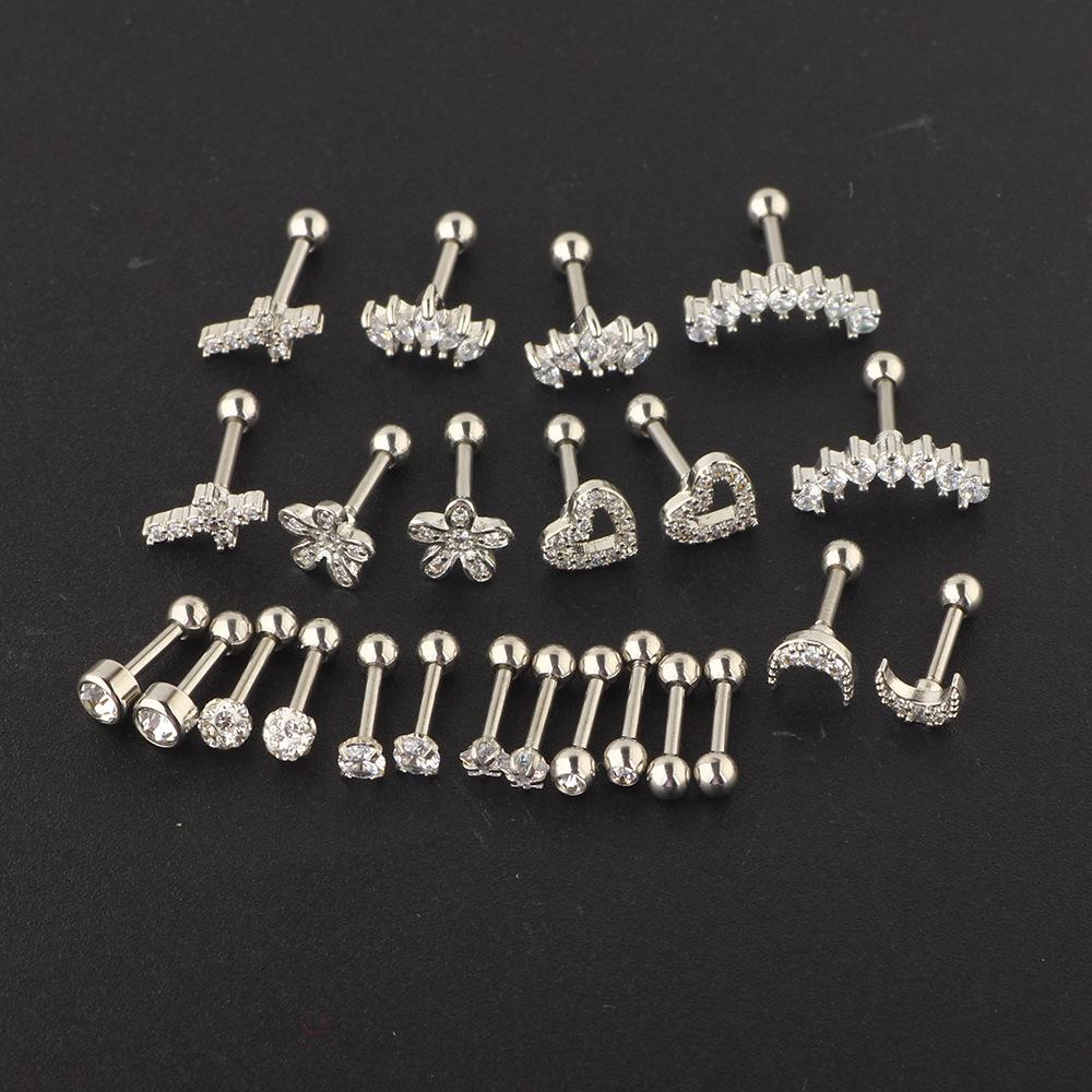 Stainless Steel Zirconia Threaded Ear Studs and Stainless Steel Piercing Ear Bone Pins Set