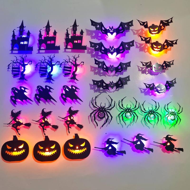 Décoration Murale Lumineuse Silhouette 3D Halloween, Rétroéclairage LED Coloré Ornement Effrayant pour Porte Chambre Dortoir Maison Fête d'Halloween Décoration Maison Hantée 30pcs in 1 set