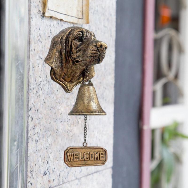 Dog Head Resins Statue Doorbell with Welcome Sign Farmhouses Entryway Wall Hanging Bells Ornament Easy Installation